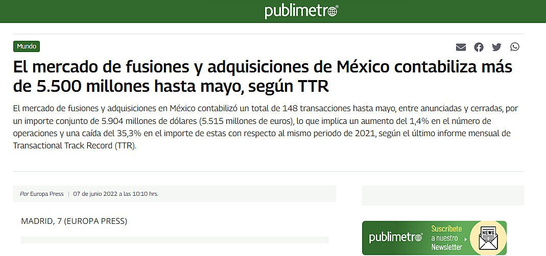 El mercado de fusiones y adquisiciones de Mxico contabiliza ms de 5.500 millones hasta mayo, segn TTR
